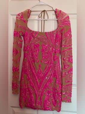 Lucy in the Sky Hot Pink Sequin Embellished Long Sleeve Mini Dress